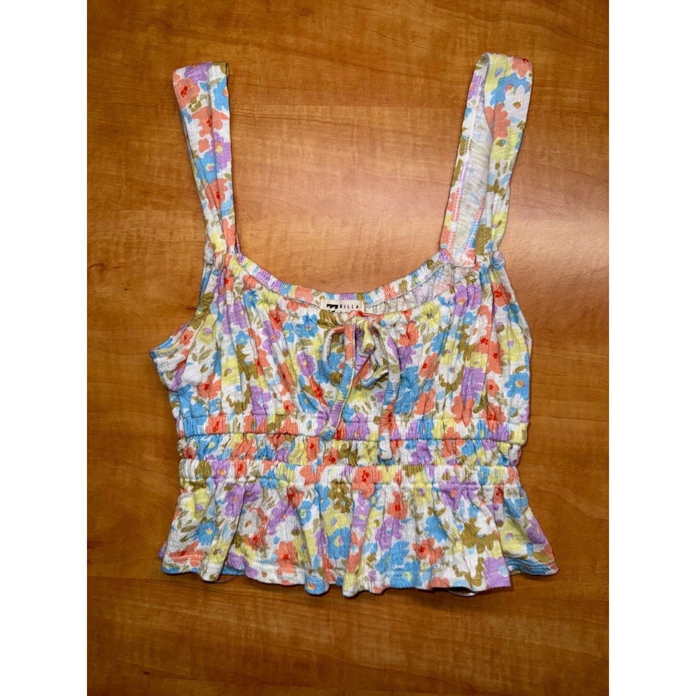 Billabong Floral Smocked Peplum Crop Top Blue Orange Yellow Purple Small